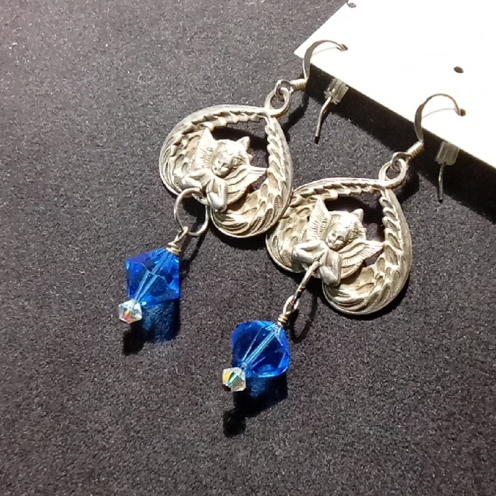♥ Silver Angel Earrings with Blue Crystal Accents